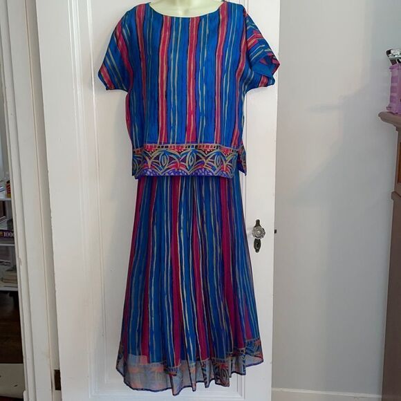 Vtg Monsoon turquoise, blue, fuchsia & gold striped silk outfit with full skirt